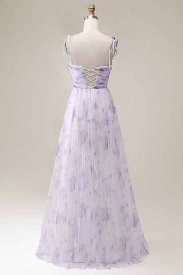 Lavender Flower A Line Spaghetti Straps Print Pleated Long Maxi Dress